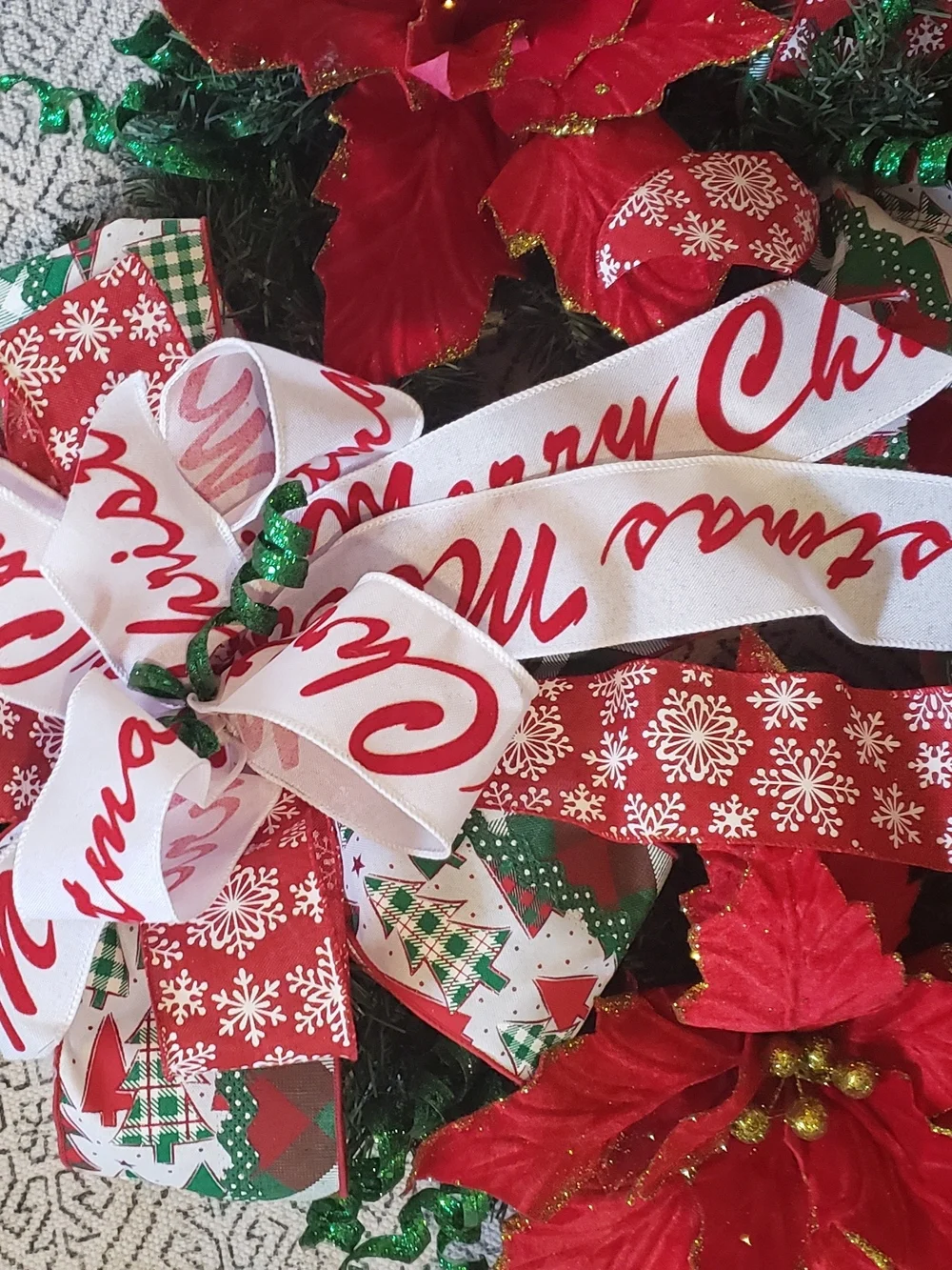 Holiday Red Poinsettia Wreath with Festive Ribbon
